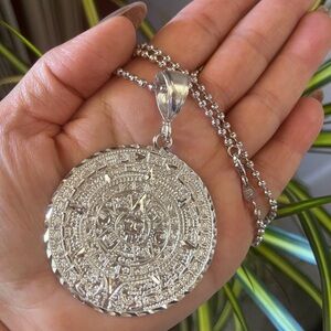 2” inches Solid silver Aztec sun calendar Pendant Charm and Ball Chain 18” 20”